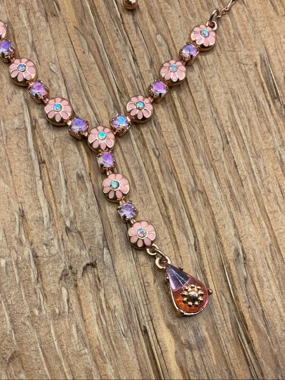 Avon Rose Gold Pink Floral Teardrop Y Necklace